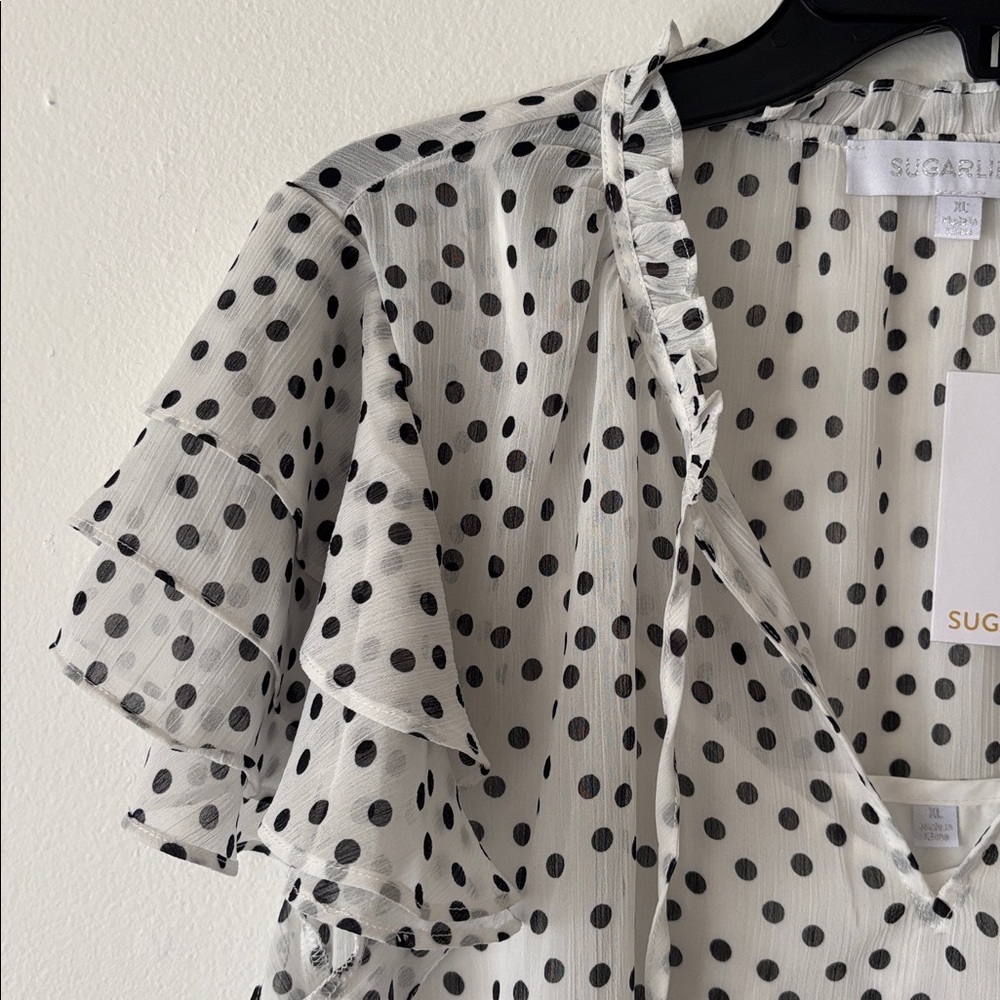 Sugarlips white and black polka dot tie neck ruffle sleeve blouse new XL - Picture 2 of 7